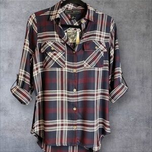 Polly & Esther Burgundy and Navy Plaid Button front Shirt size S NEW WITH TAGS